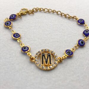 Bracelet Initial M Gold Tone Blue Evil Eye Lobster Clasp Boho Spiritual